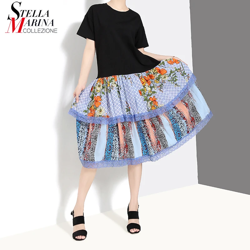 

New 2019 Korean Style Women Summer Black Patchwork Midi Dress Floral Hem Ladies Casual Knee Length Dress Style Robe Fashion 5283
