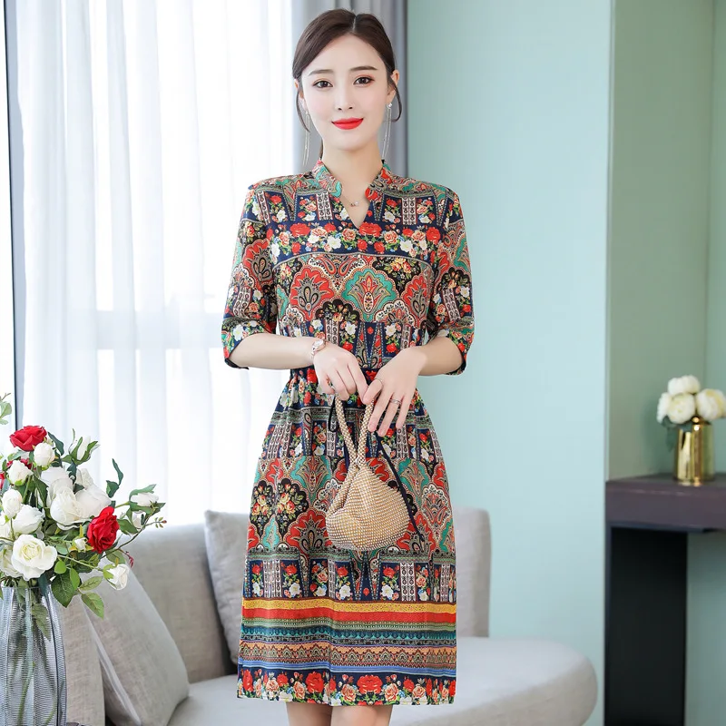 

Ethnic-Style Silk Dress Women's 2019 Summer New Style Retro Fashion Lace-up Waist Hugging Printed Base A- line Skirt