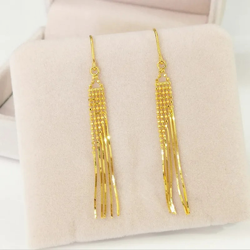 Pure 18K Yellow Gold Woman Earrings Luck Teardrop Dangle Earrings 1.1-1.4g 24mmH