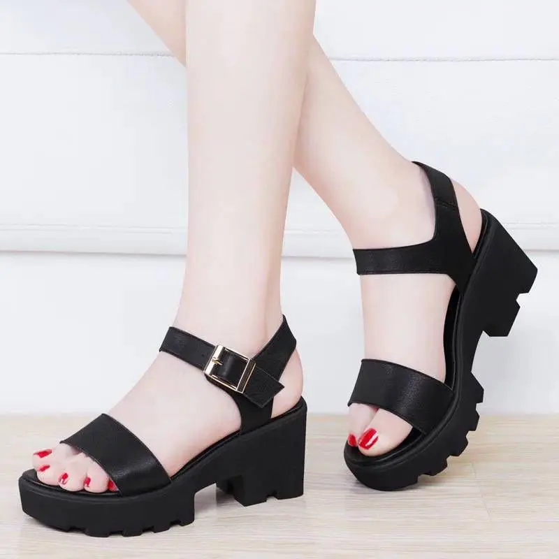 

Chunky-Heel Students High Heel Shoes Semi-high Heeled Sandals Women's Summer New Style Waterproof Platform Buckle Platform WOMEN