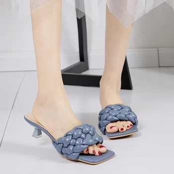 

Rimocy High Quality Leather Weave Square Toe Slides Women Summer Slip on Thin Heels Slippers Woman Solid Beach Shoes Sandals Hot