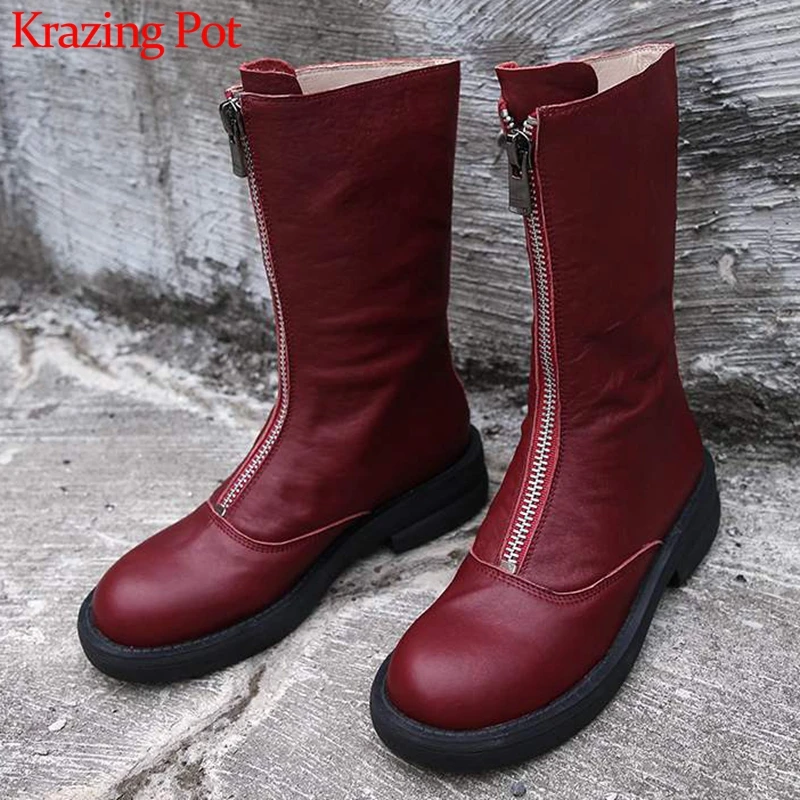 

Krazing pot cow leather front zipper round toe med heels neutral women handsome girl punk European design mid-calf boots L9f5