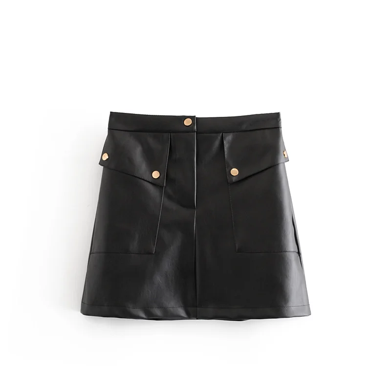 Тонкая Однотонная юбка Za с высокой талией и звездами светлячков для женщин, Повседневная мини-юбка трапециевидной формы из искусственной кожи для женщин - Цвет: black skirt