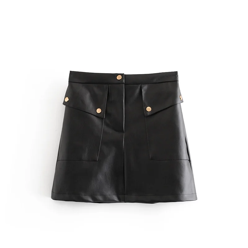 black skirt Тонкая Однотонная юбка Za с высокой талией и звездами светлячков для женщин, Повседневная мини-юбка трапециевидной формы из искусственной кожи для женщин - Цвет: black skirt