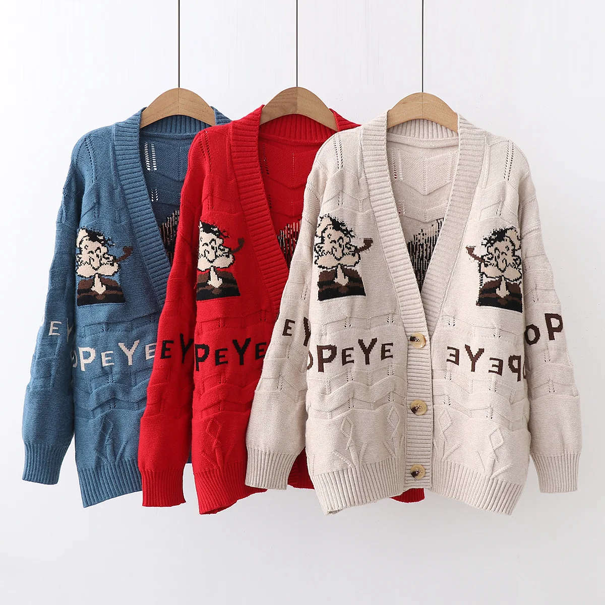 

2019 New Style Japanese-style Mori Girl Line Sweet Loose-Fit Lettered Cartoon Contrast Color Long Sleeve Knitted Cardigan Sweate