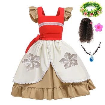 

Girls Moana Dress Kids Anime Princess Cosplay Costumes Ruffles Bow Flower Embroidery Ball Gown Halloween Carnival Party Frocks