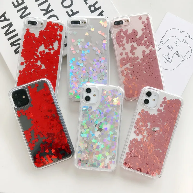 Прозрачный жидкий динамический чехол для IPhone 13 12 11 Pro Max с сердечками XR XS X 8 7 Plus