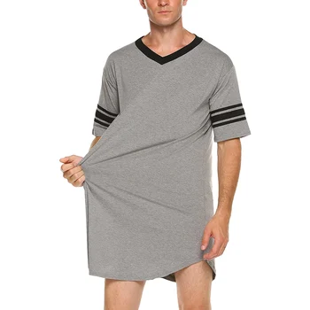 

Men Cotton Nightshirt, Short Sleeve V-neck Soft Loose Nightwear Plus Size, Blue/ Grey/ Black/ Red
