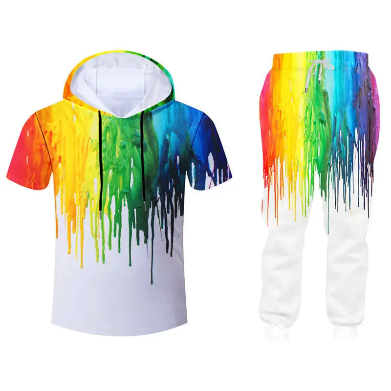 Custom S-7XL Mens Sets Rainbow Splash Print Hoodie Sweatshirt +Jogger Pants 2 Pcs Sets Unisex Casual Zipper Jackets Tee Tank Set (1)