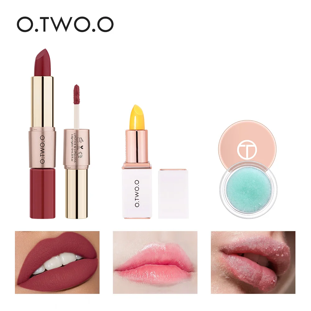 O.TWO.O 3pcs Lip Kit With Lip Scrub+ Lip Balm+ 2 In 1 Matte Lipstick& Lipgloss Remove Dead Skin Lips Care Makeup Set - Цвет: 12