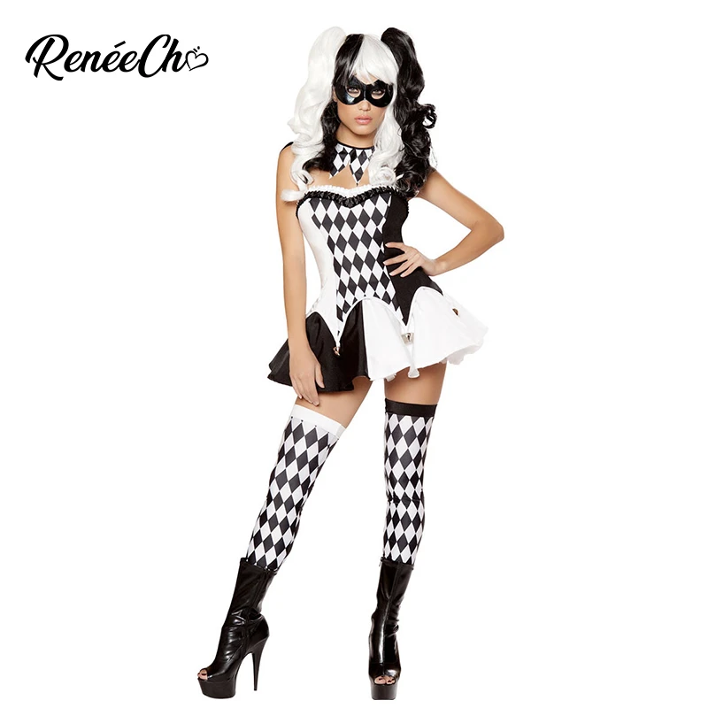 Reneecho Disfraz de arlequín para mujer, disfraz de payaso blanco y negro,  disfraz de Joker de circo para adultos, disfraz de Halloween 2019| | -  AliExpress