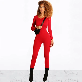

Women Casual Full Sleeve O-Neck Skinny Jumpsuit Solid Back Zipper Pencil Pants Romper Spring Autumn Streetwear Sporting Overalls