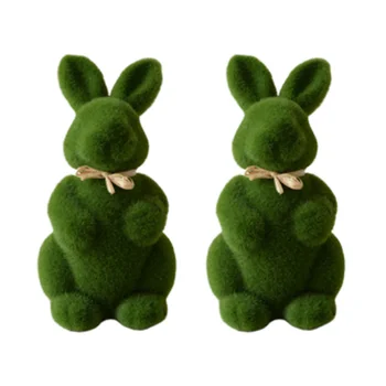 

2pcs Simulation Moss Rabbit Ornaments Lifelike Creative Short Plush Bunny Figurine Craft Decoration for Easter Living Room Home