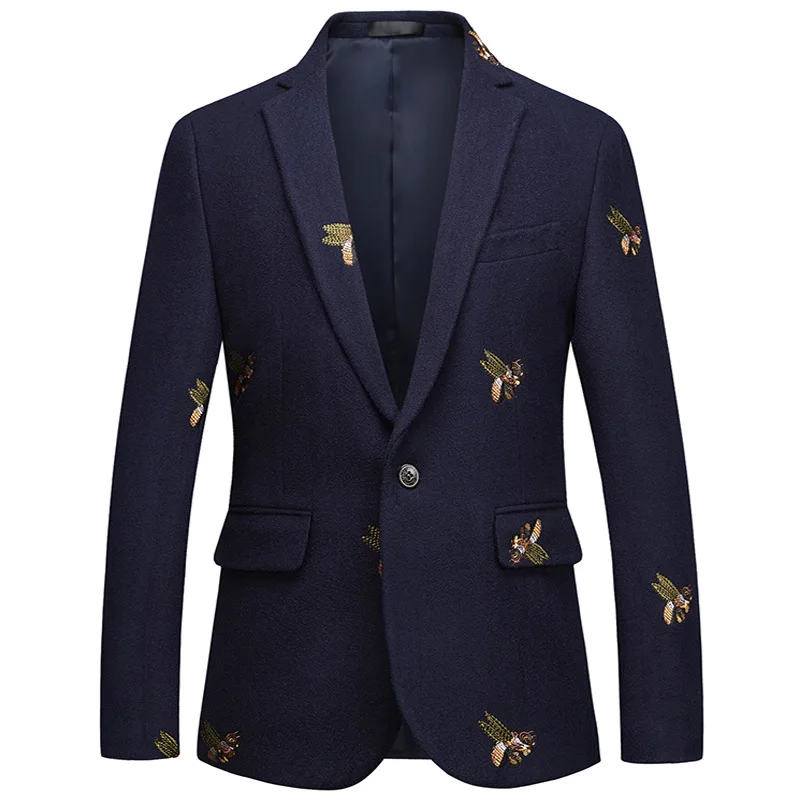Shenrun мужская куртка блейзеры темно-синий камвольный пчела вышивка Свадебный костюм жениха Тонкая Повседневная куртка высокого качества плюс размер Блейзер - Цвет: Navy Blue