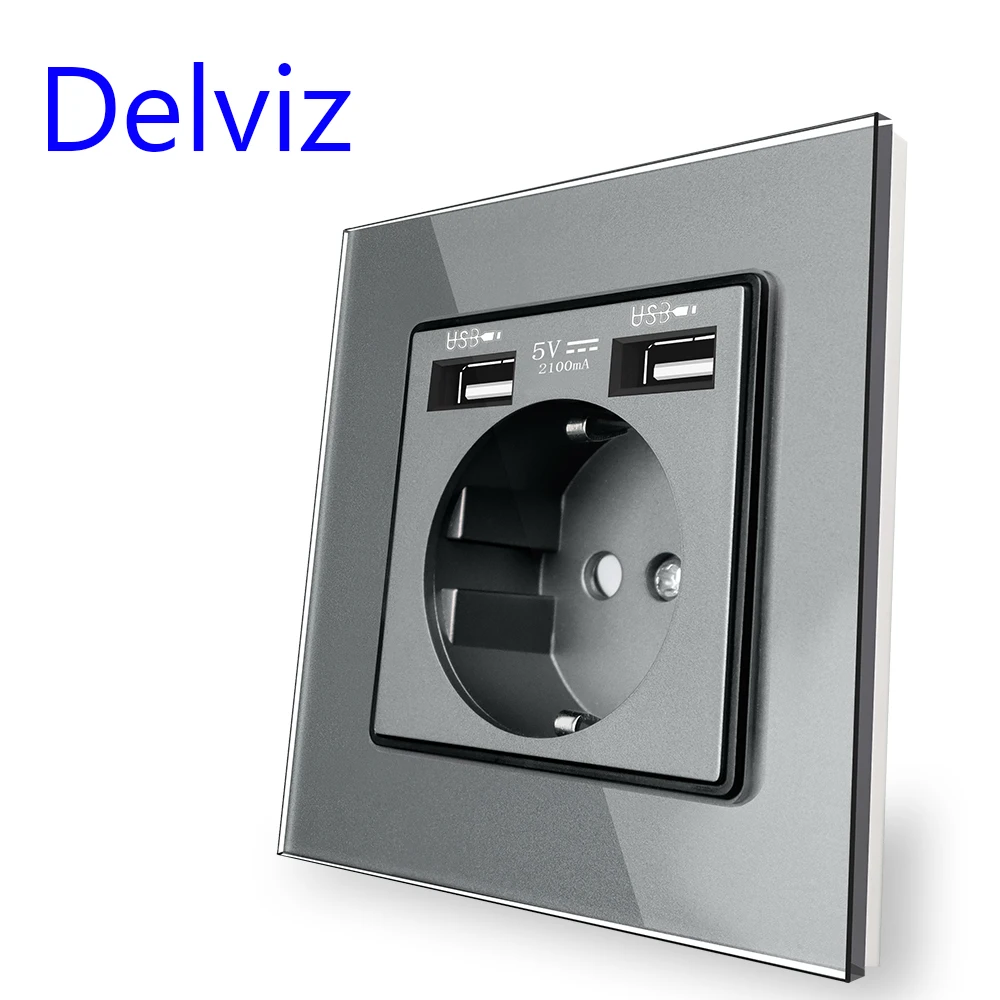EU Standard Wall Power Outlet with Tempered Glass Panel and Dual USB Charging Ports