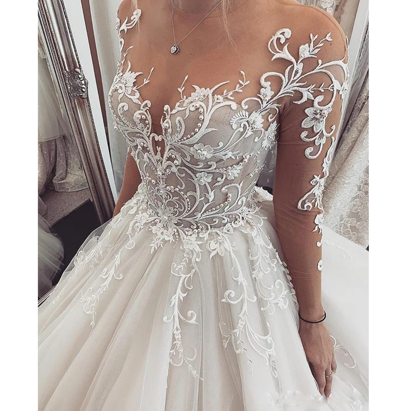 Customized Charming Lace Wedding Dress V-Neck Long Sleeve 2025 Princess Wedding Gown Illusion Bride Gowns Buttons robe de mariee 2