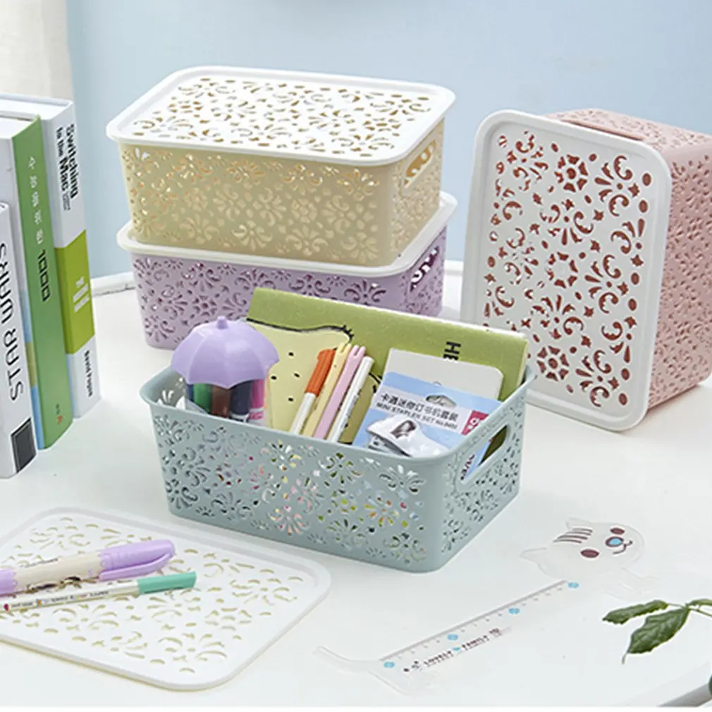 

Stackable Plastic Storage Box Hollow Out Storage Basket Lid For Clothes