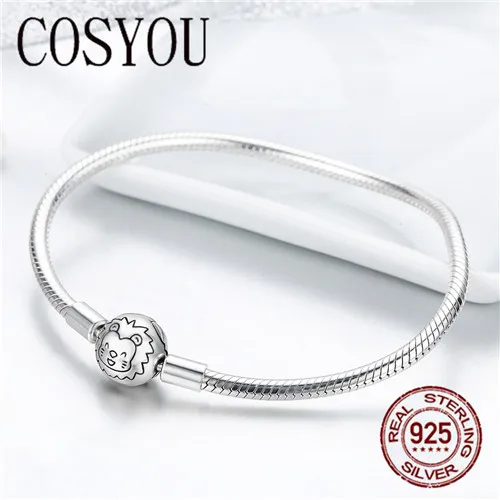 Cena COSYOU 100% 925 Sterling srebrny lew zwierząt okrągły zapięcie wąż Strand łańcuch bransoletki dla kobiet srebro biżuteria SCB054