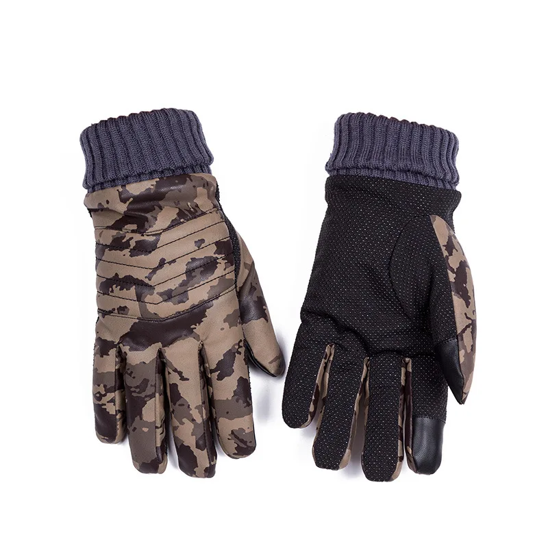 Army green Кожаные перчатки мужские осенние и зимние теплые бархатные утолщенные мотоциклетные уличные мотоциклетные студенческие камуфляжные перчатки Новые - Color: Army green