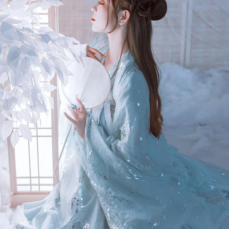 Female Traditional Hanfu Blue Chinese Style Dress Adult Undergarment Wide Sleeve Cardigan Tops Fairy Elegant Carnival Party