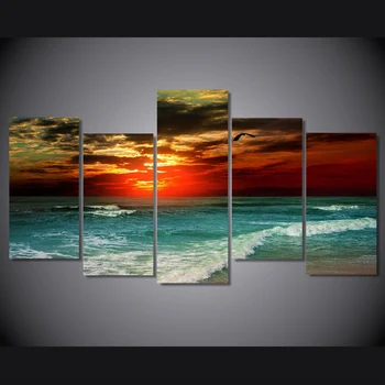 

5 Pieces Tropical Sunset Beach Wave Picture Painting Wall Art Room Decor Print Poster Picture Canvas Painting