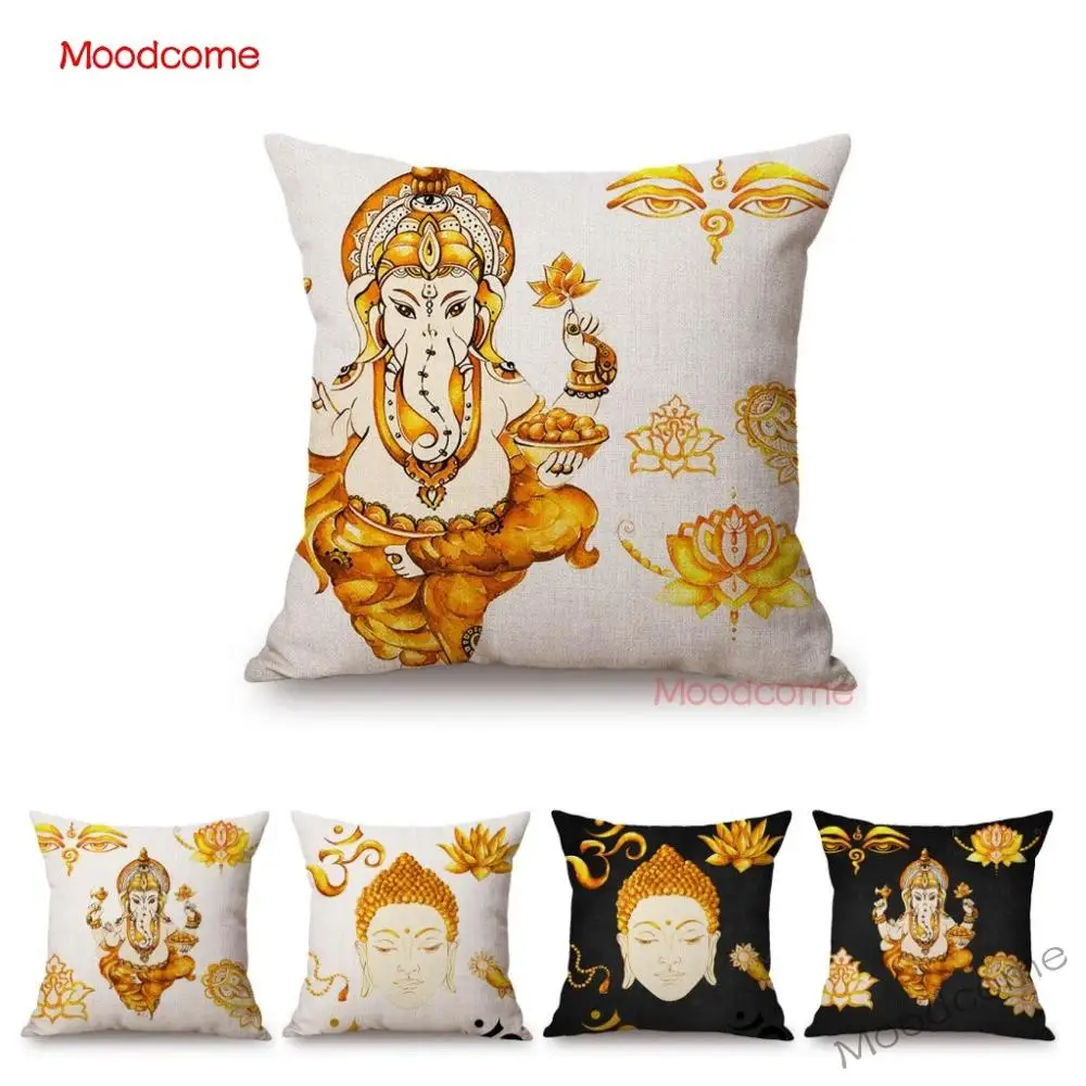 

Golden Hindu Buddhism Ganesha Religious Worship Home Decoration Sofa Pillow Case Nordic Buddha Cotton Linen Indoor Cushion Cover