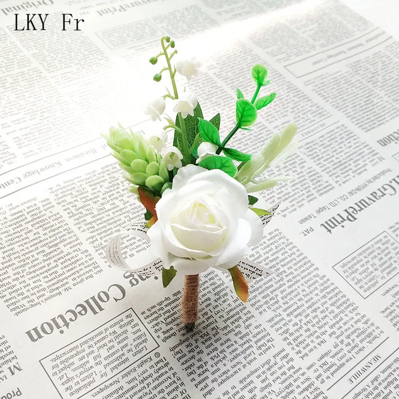 LKY Fr корсаж свадебная бутоньерка Groomsman цветы искусственные шелковые розы Жених Buttonhole Свадебный планировщик свадебные аксессуары - Цвет: White Boutonniere