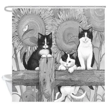 

Cute Cat Image Shower Curtain Animal Decor, Funny Curious Kitten on Rural Wooden Fence with Village Sunflower