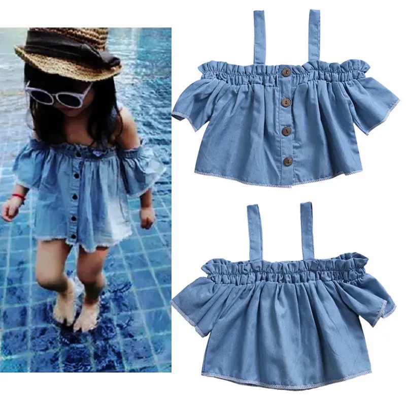 

Toddler Kids Baby Girls Denim Casual Summer Ruffles Off Shoulder Blouse Tops sHIRT For Toddler Baby Girl Dropshipping