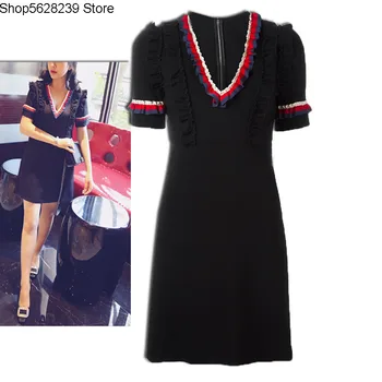 

2020 Early Summer Auricularia Auricularia Edge Petals Collar Sexy V Collar Dress Short Sleeve Middle Skirt G