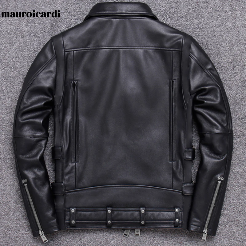 Mauroicardi Spring Black Pu Leather Motorcycle Jacket for Men Style Long Sleeve Zipper Pockets Mens Leather Jackets and Coats 2