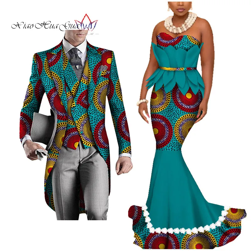 5 Dashiki African Couple Clothing Women's Dress+Men's Blazer&Vest 3 Pieces Set African Mermaid Print Dresses for Couples WYQ425 - Цвет: 5