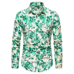 Luclesam hawaiian print vestido camisa outono casual botão para baixo manga longa camisa topos aloha floral roupas para homem