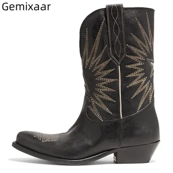 

2019 Autumen Woman Boots Pointed Toe Mid Calf Genuine Leather Bottes Comfy Med Square Heel Chic Sewing Solid Color Woman Boots