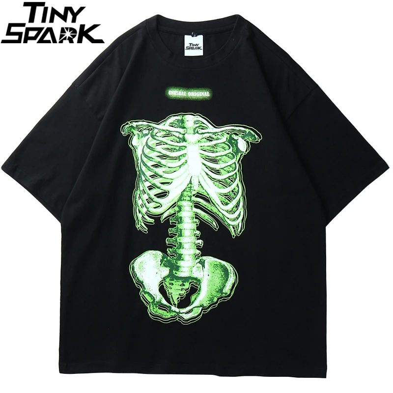 Уличная Мужская футболка в стиле хип-хоп большого размера, зеленые жуткие скелетные майки с коротким рукавом, хлопковая свободная футболка, черные футболки Харадзюку