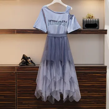 

New Summer 2 Piece Set Women Off-The-Shoulder Sequins T-shirt Dress + Irregular Long Mesh Skirt Two Piece Set Plus Size 5XL Suit