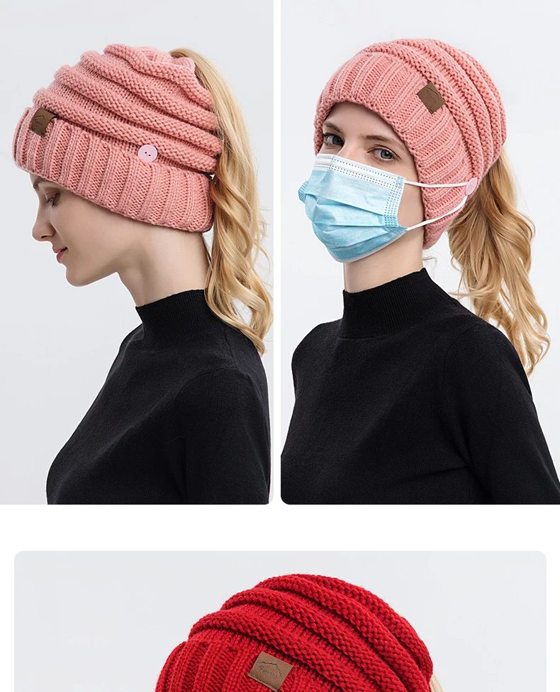 Winter Knitted Hats Ladies Hair Ponytail Caps Can Hang Masks Women Outdoor Warm Woolen Female Cap Skullies Bonnet ski beanie