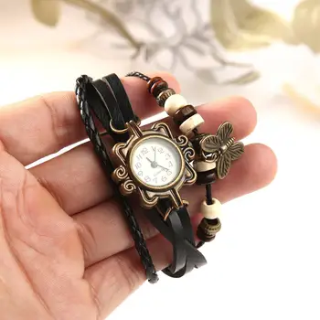 

Womens Retro Leather Brand Watch Bracelet Butterfly Decoration Quartz Wrist Watch Bracelet reloj mujer zegarek damski часы