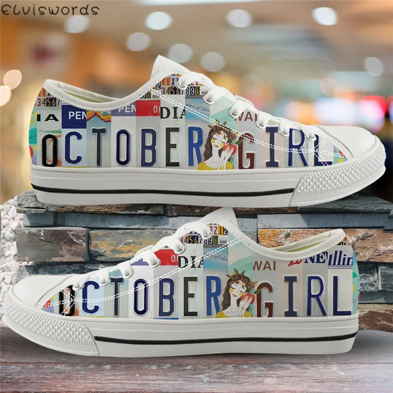

ELVISWORDS October November December Girl Leisure Flats Breathable Canvas Low Top Sneakers for Fashion Women Light Lace-up Shoes