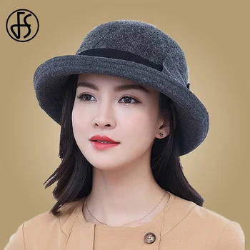

FS Fashion Gray Purple Women Wool Felt Bucket Hats Vintage Ladies Cloche Derby Bowler Cap with Bowknot Elegant Autumn Winter