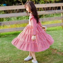 Клетчатое платье кружевное платье принцессы с цветочным рисунком платье для девочек с длинными рукавами праздничная одежда с отложным воротником на свадьбу длинные платья красного цвета