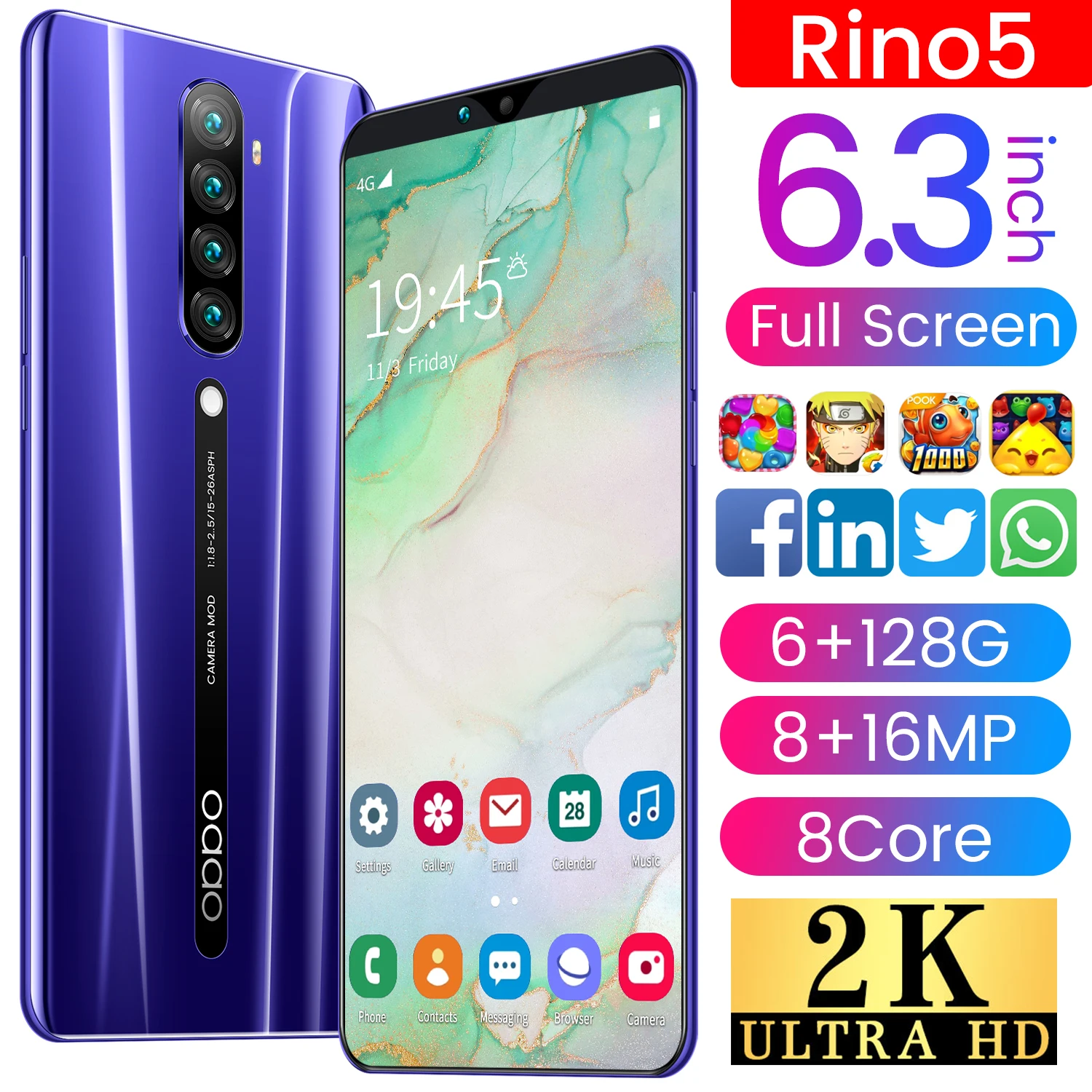 Global Version Rino5 6.3 Inch Big Screen 6+128GB Smartphones Dual SIM 8+16MP HD Camera 4800mAh 8 Core Andriod MTK6580 Face ID