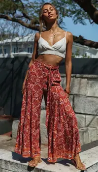 

Fashionable new Bohemian style printed wide leg pants elastic waist lace up women's pants
