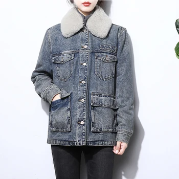 

Warm Women's Jackets Autumn Winter Jean Jackets Women Outerwear Locomotive Jacket Cotton Padded Lining Women Jeans Coat