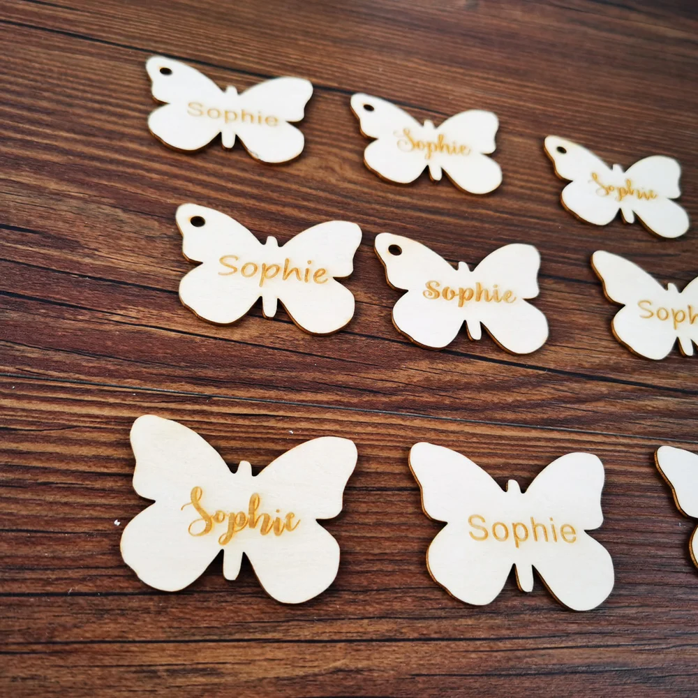 Personalized wedding Wooden butterfly place Tags,Custom name wedding escort card,rustic Bridal Shower wedding Favor tags (5)