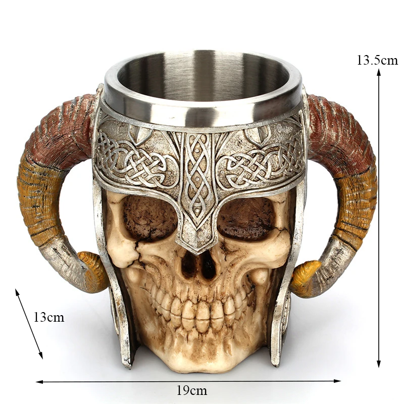 Creative Double Stainless Steel Skull Mug Knight Shofar Resin Beer Coffee Mug Office Tea Cup Halloween Bar Drinkware Gifts