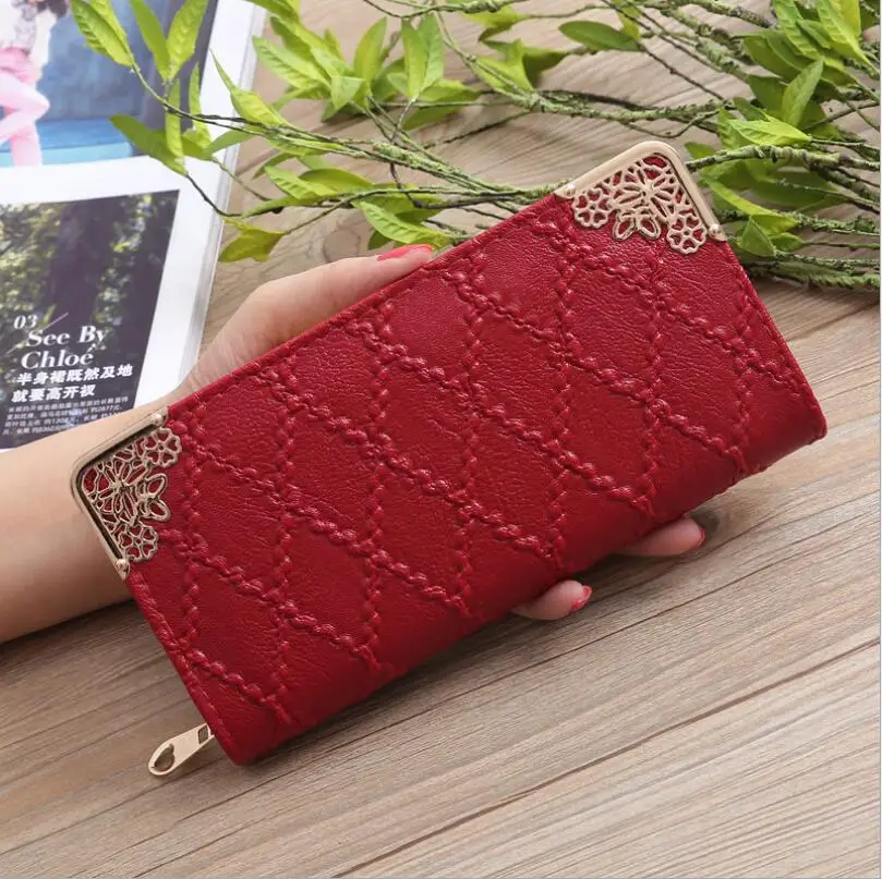 Red Длинный кошелек, женские кошельки, модный дизайнерский, с тиснением, Lingge, кошелек, для девушек, милый клатч, кошелек, мульти-карта, кошелек, Portefeuille - Цвет: Red