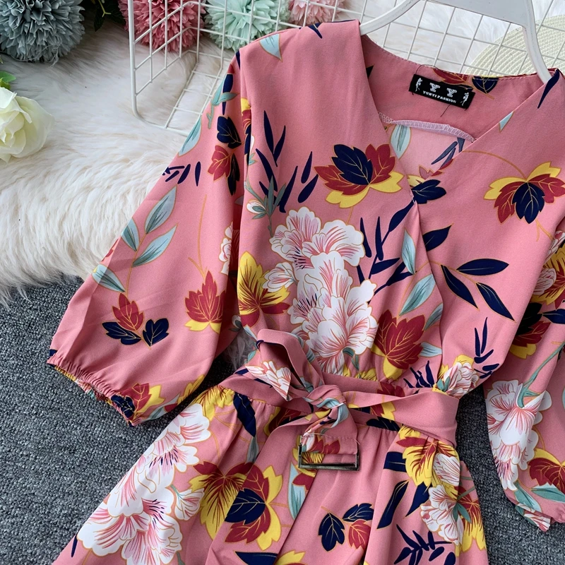 Boho V образным вырезом Летнее цветочное платье миди длинное шифоновое платье Вечерние Бандажное женское повседневное вечернее элегантное пляжное праздничное ТРАПЕЦИЕВИДНОЕ ПЛАТЬЕ
