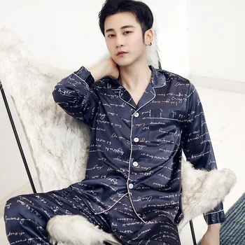 

2020 High quality pajamas for men: Spring and Autumn Long sleeve imitation silk for youth: Autumn and winter Home and summer ice