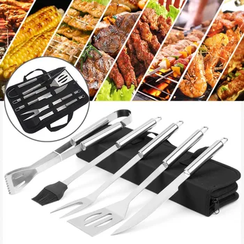 

Stainless Steel BBQ Tools Set Barbecue Grilling Utensil Accessories Camping Outdoor Grill Tools Cases 5 Piece Travel Tools BBQ